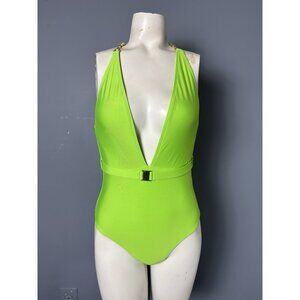 KAREN MILLEN Womens XS Neon Green One-Piece Plunge Belted Swimsuit Deep-V Neck